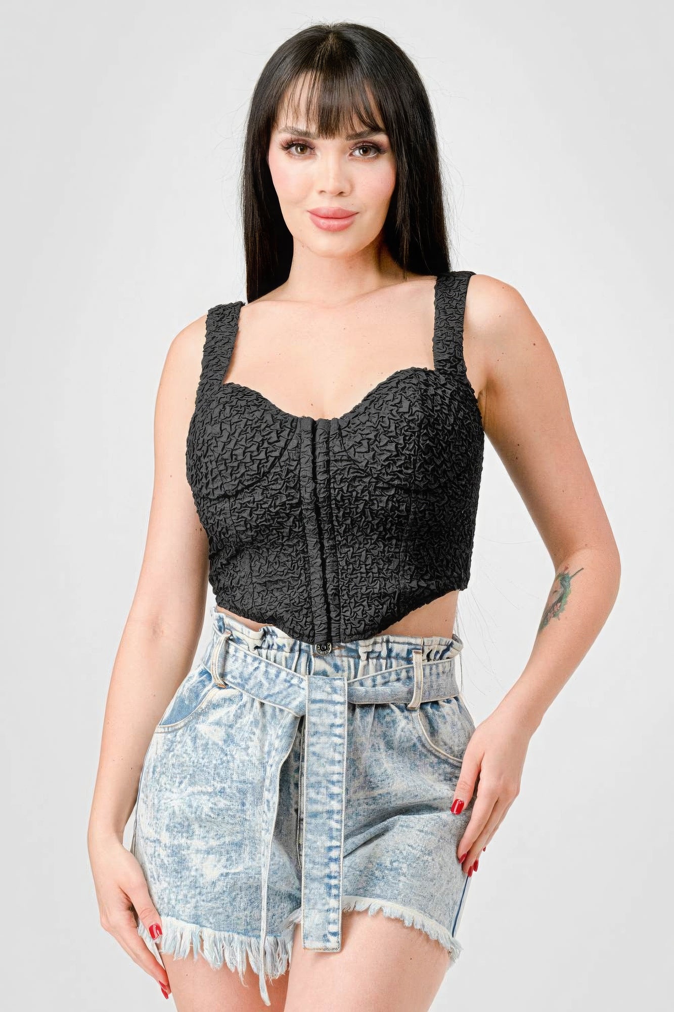 Black crinkle stretch-knit sweetheart bustier cropped top with center hook detail