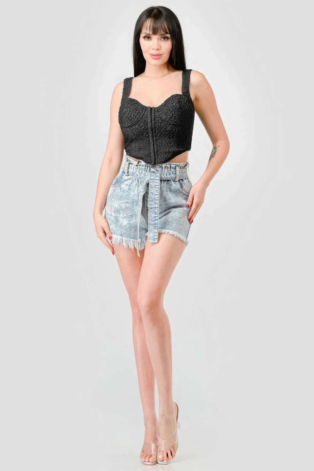 Black sweetheart bustier cropped top, crinkle texture and spaghetti straps