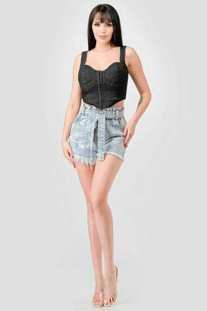 Crinkle Stretch Knit Sweetheart Hooked Bustier Cropped Top - Tigbul's Variety Fashion Shop