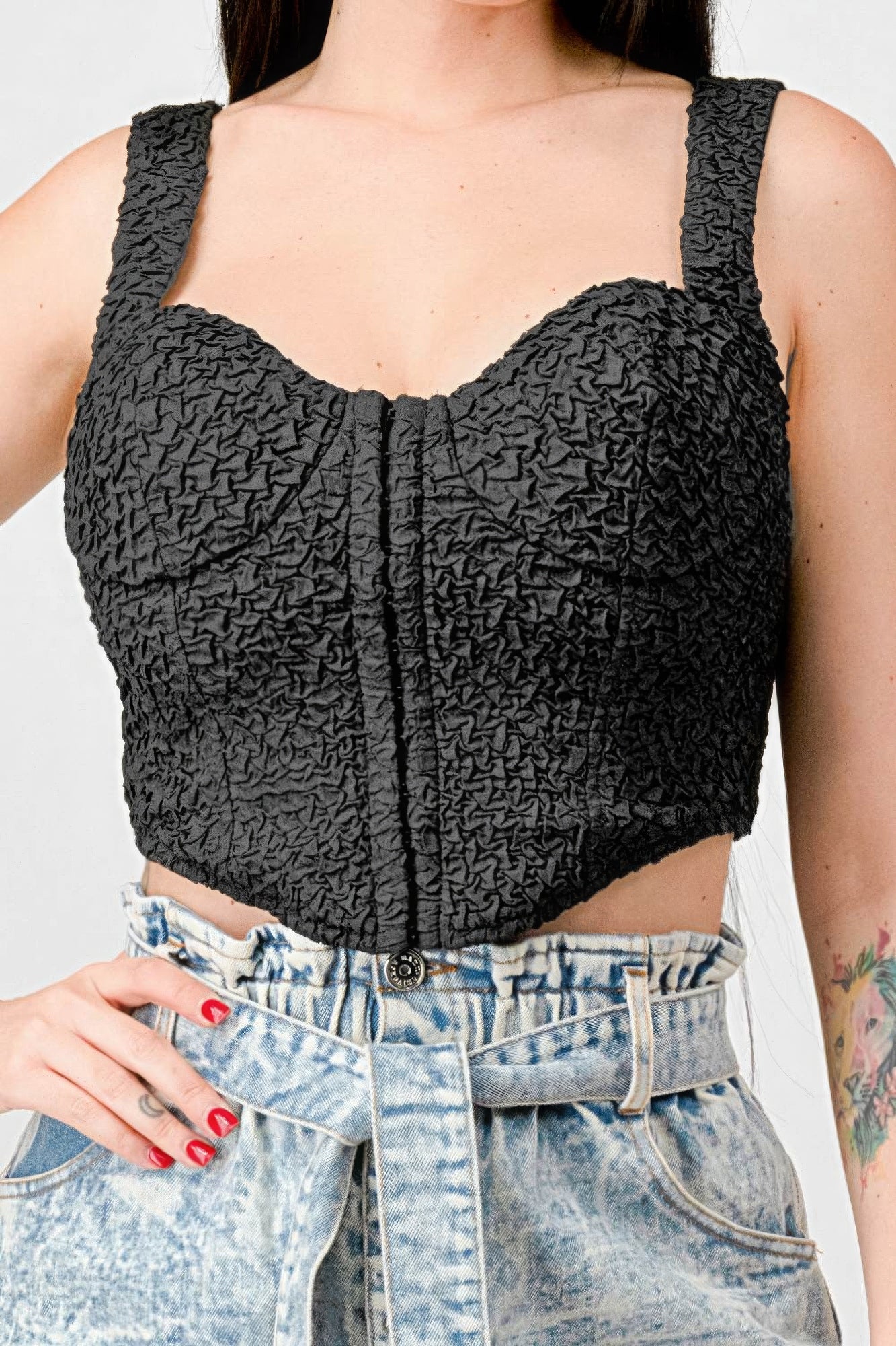 Black sweetheart bustier cropped top with crinkled texture and center vertical seam