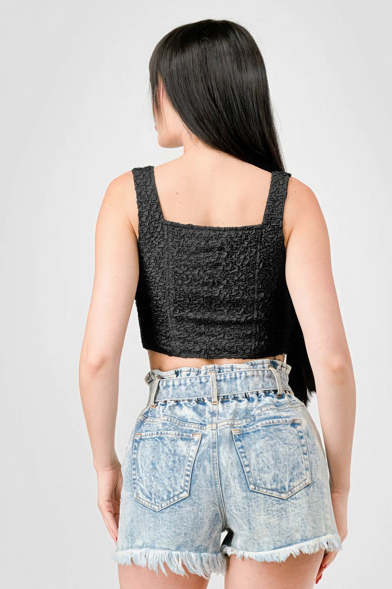 Black crinkle stretch knit bustier cropped top, square back and spaghetti straps
