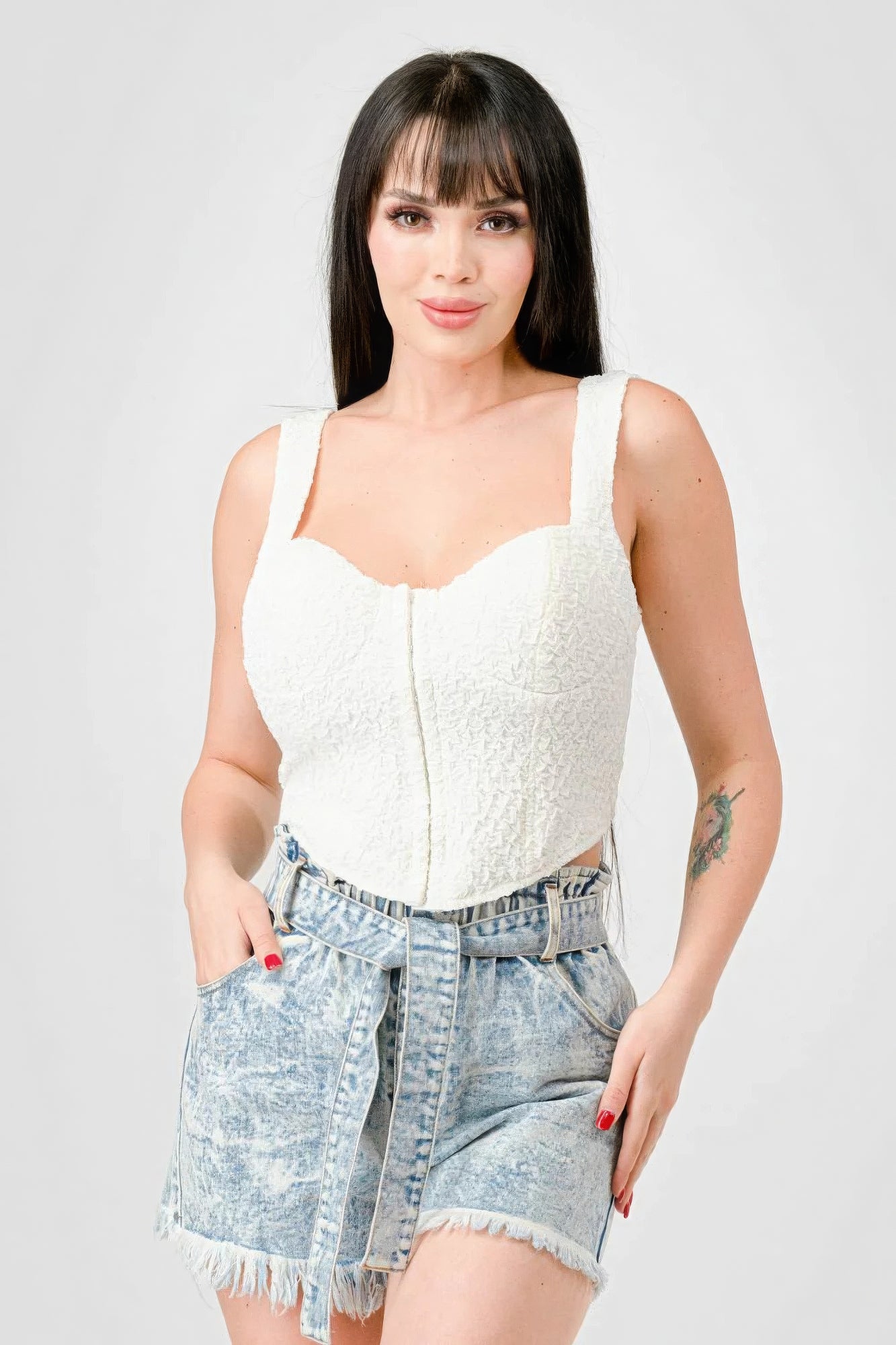 Off-white crinkle stretch knit sweetheart bustier cropped top with center seam