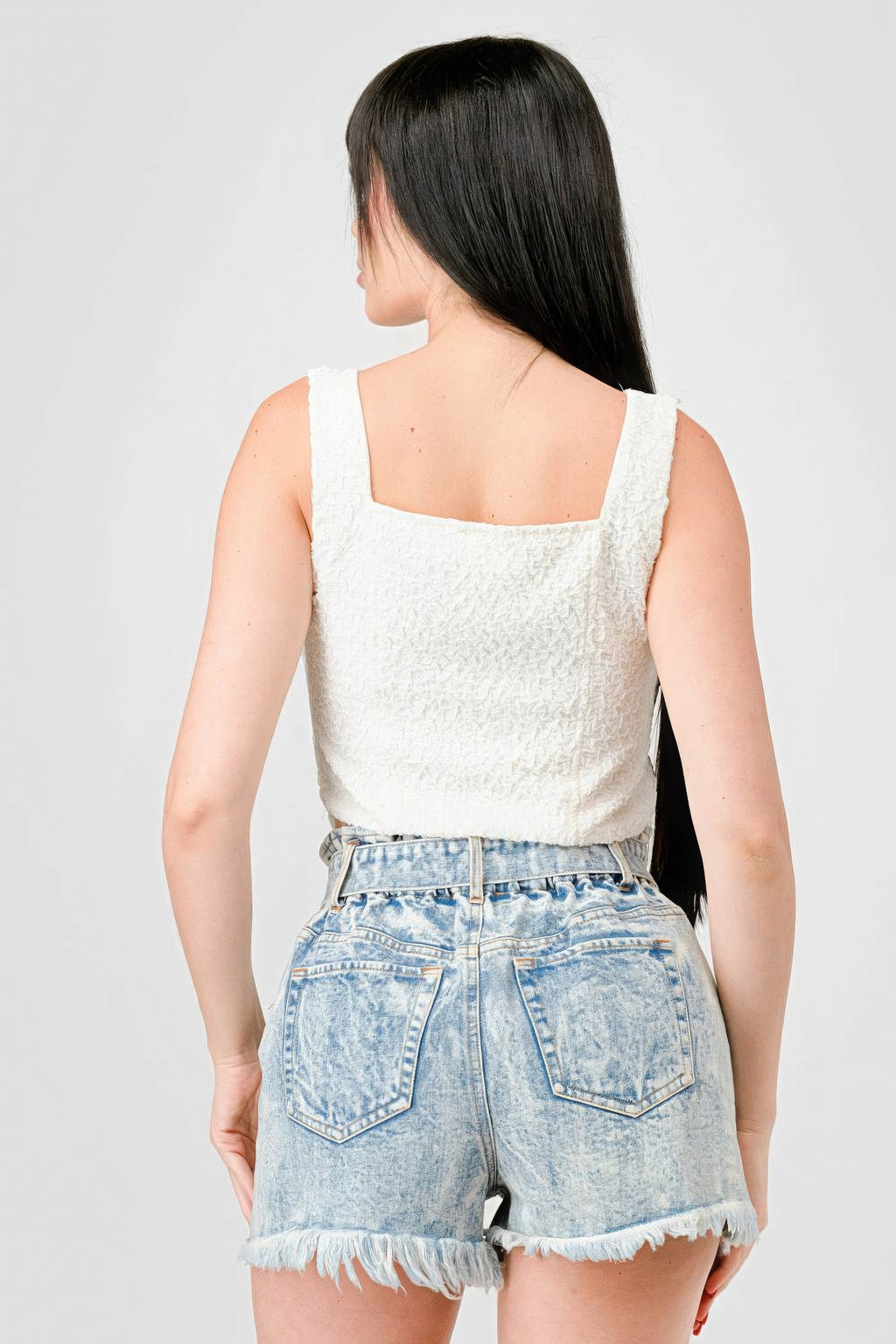 Off-white crinkle stretch knit bustier cropped top, square back and spaghetti straps