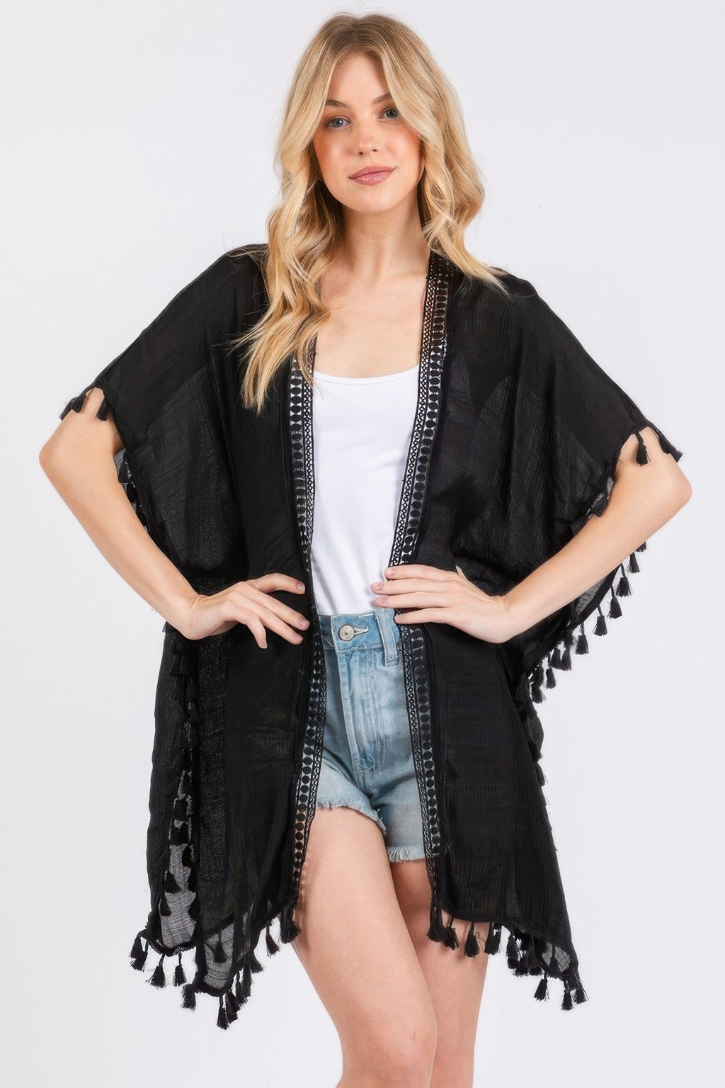 Black crochet cover-up with tassel trim and open front