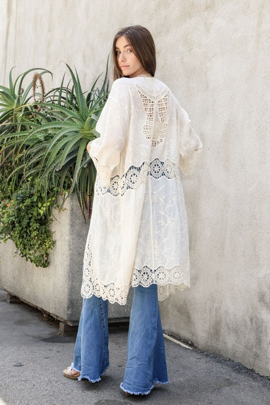 Crochet Open Patch Longline Kimono - Tigbul's Variety Fashion Shop