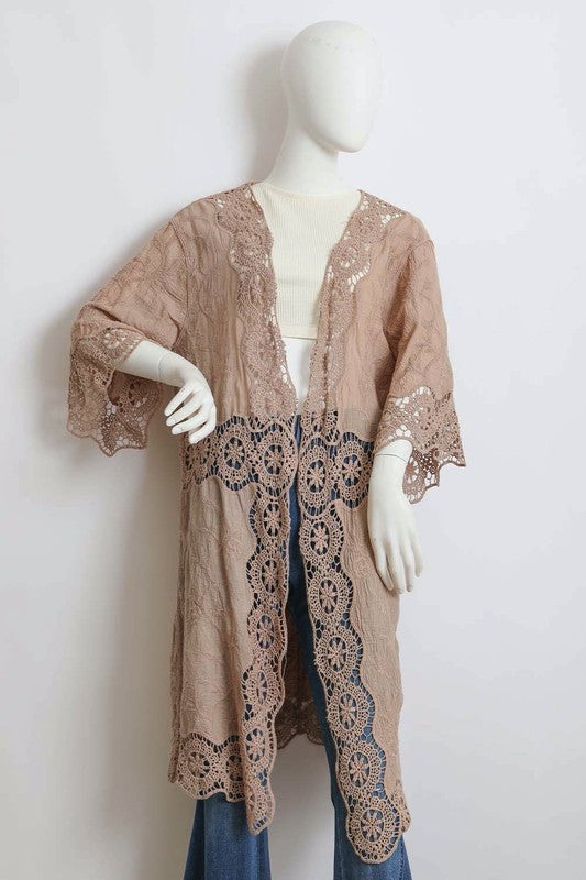 Crochet Open Patch Longline Kimono - Tigbul's Variety Fashion Shop