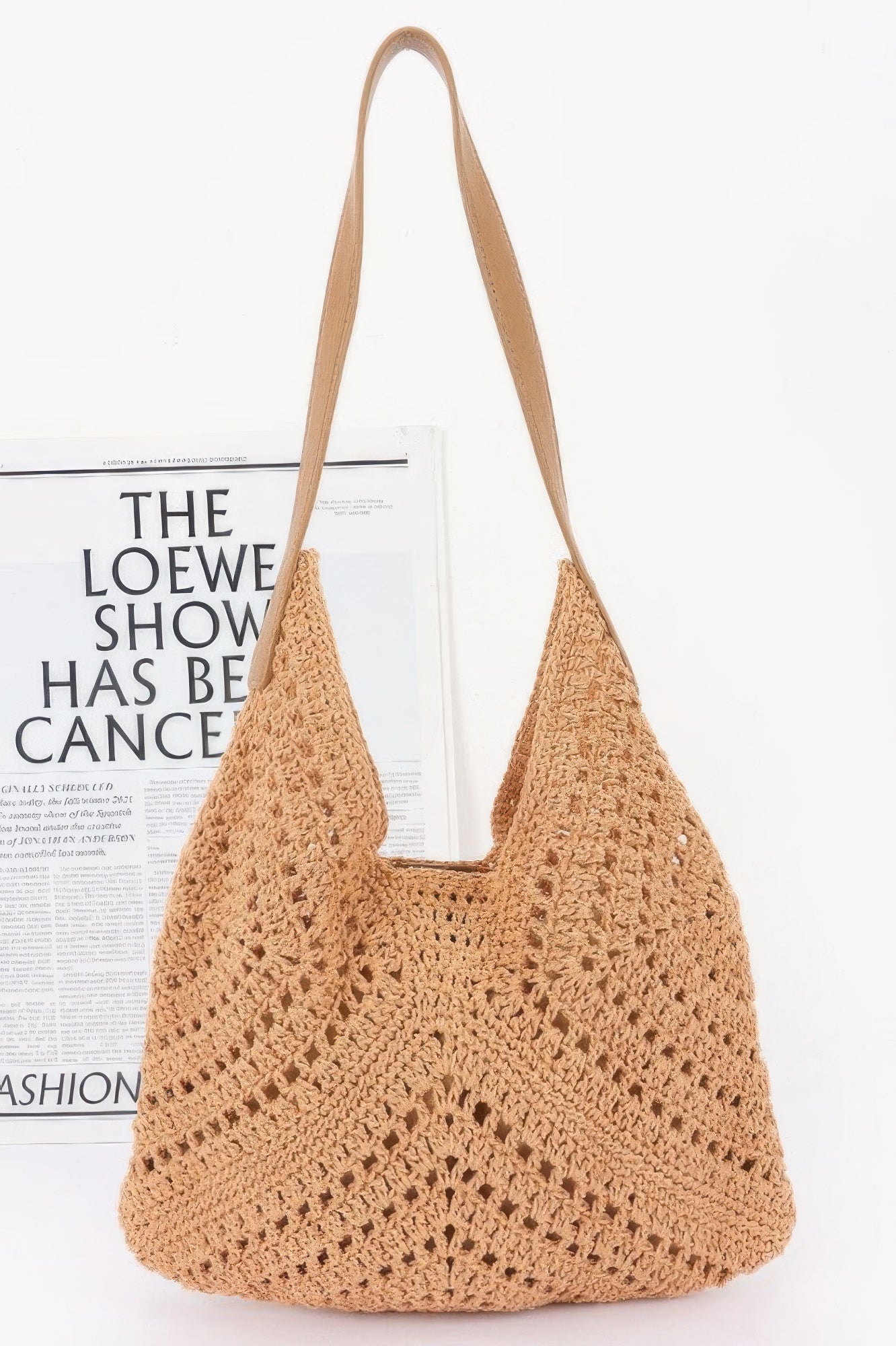 Crochet shoulder bag with pouch, khaki openwork crochet and long leather-look handles.