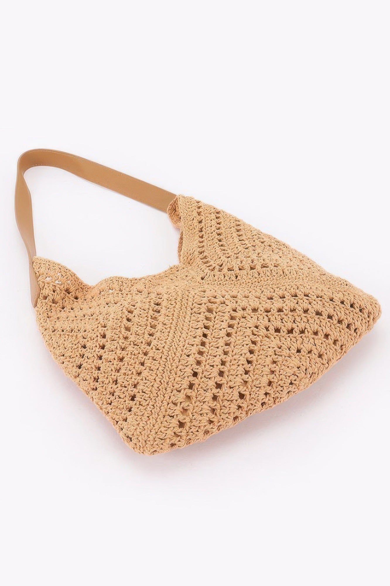 Khaki crochet shoulder bag with pouch, textured openwork knit with top handle strap.