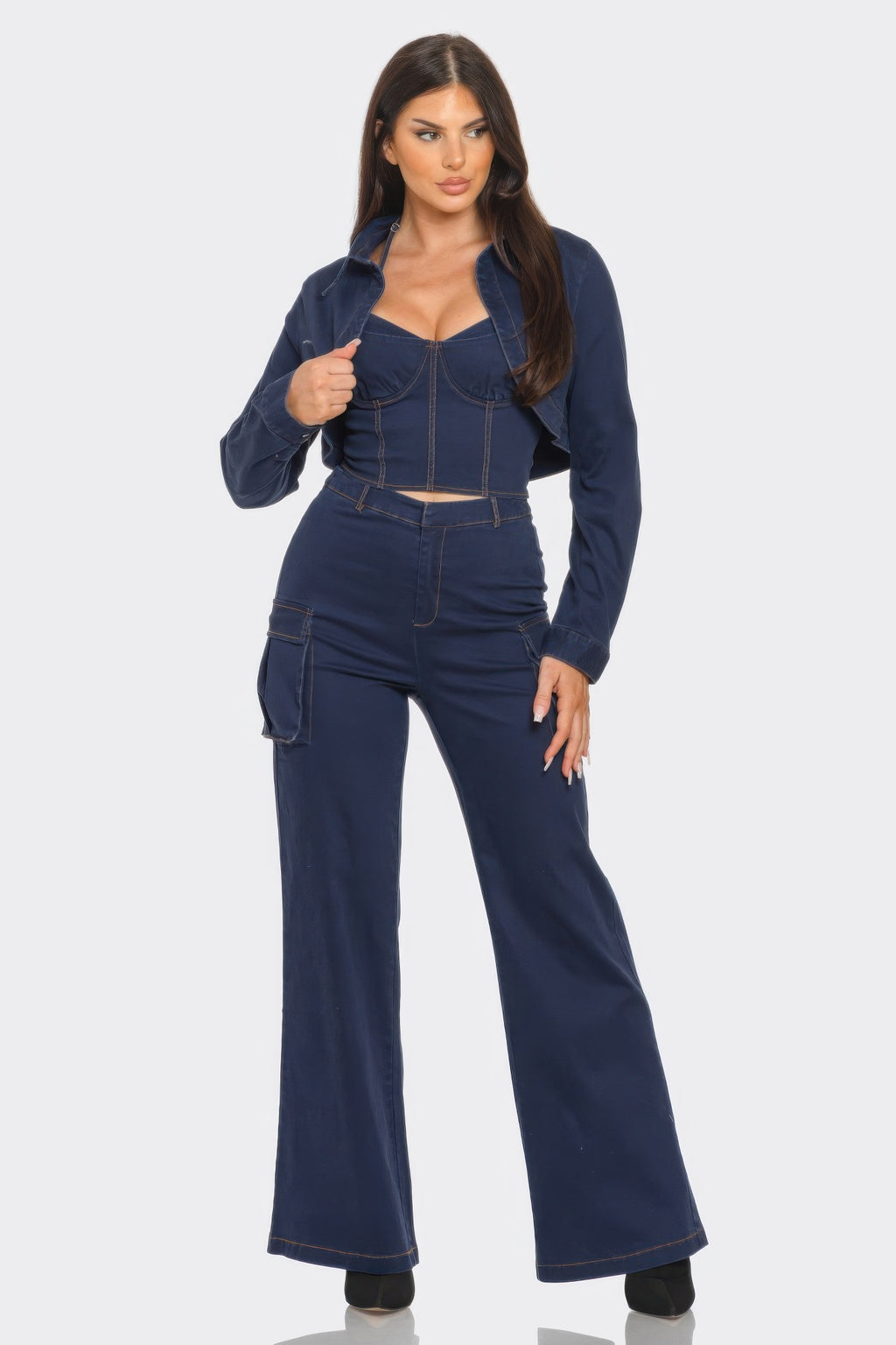 Navy crop jacket set with cami and wide-leg cargo pants