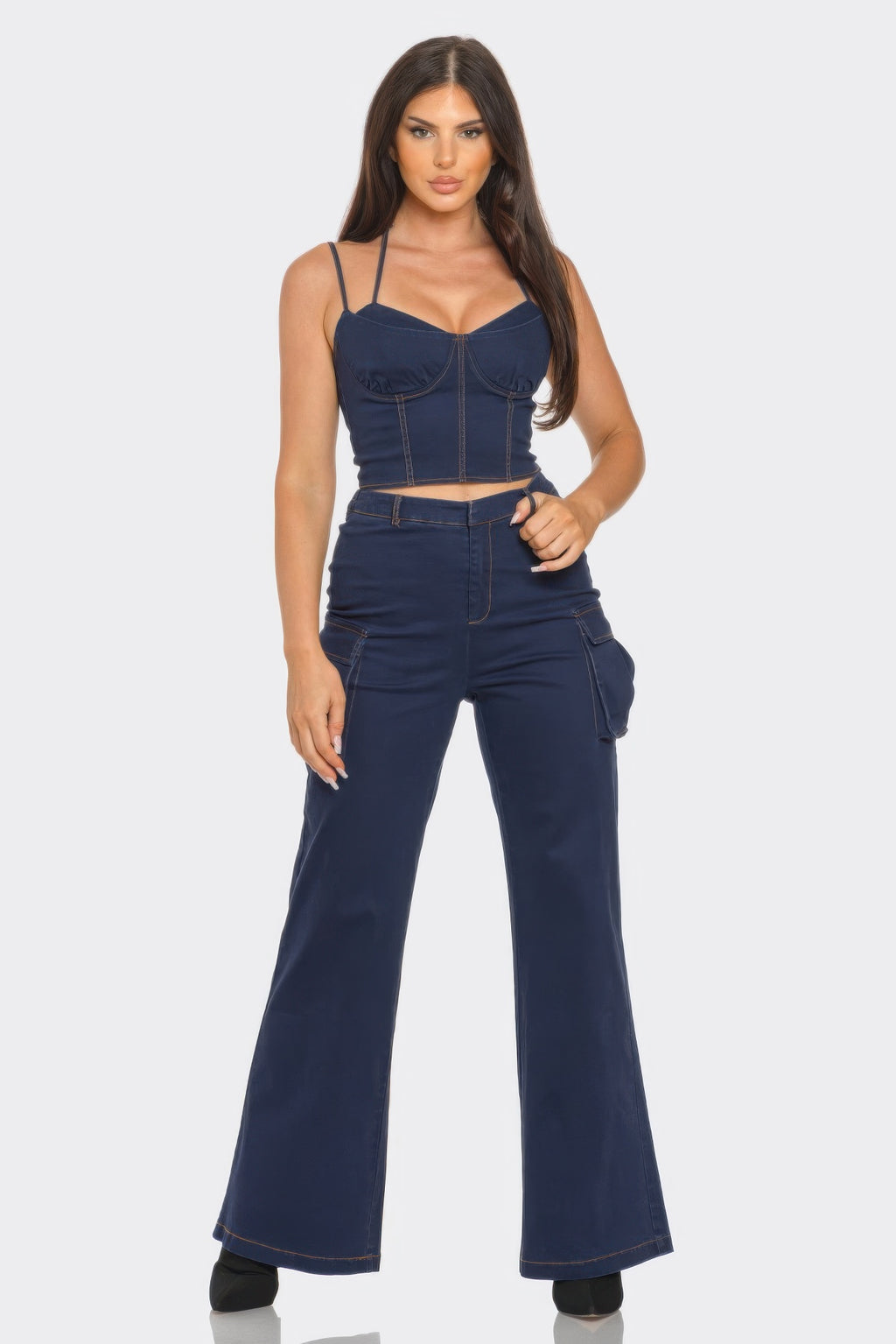 Navy crop jacket set: cami top with spaghetti straps and wide-leg pants