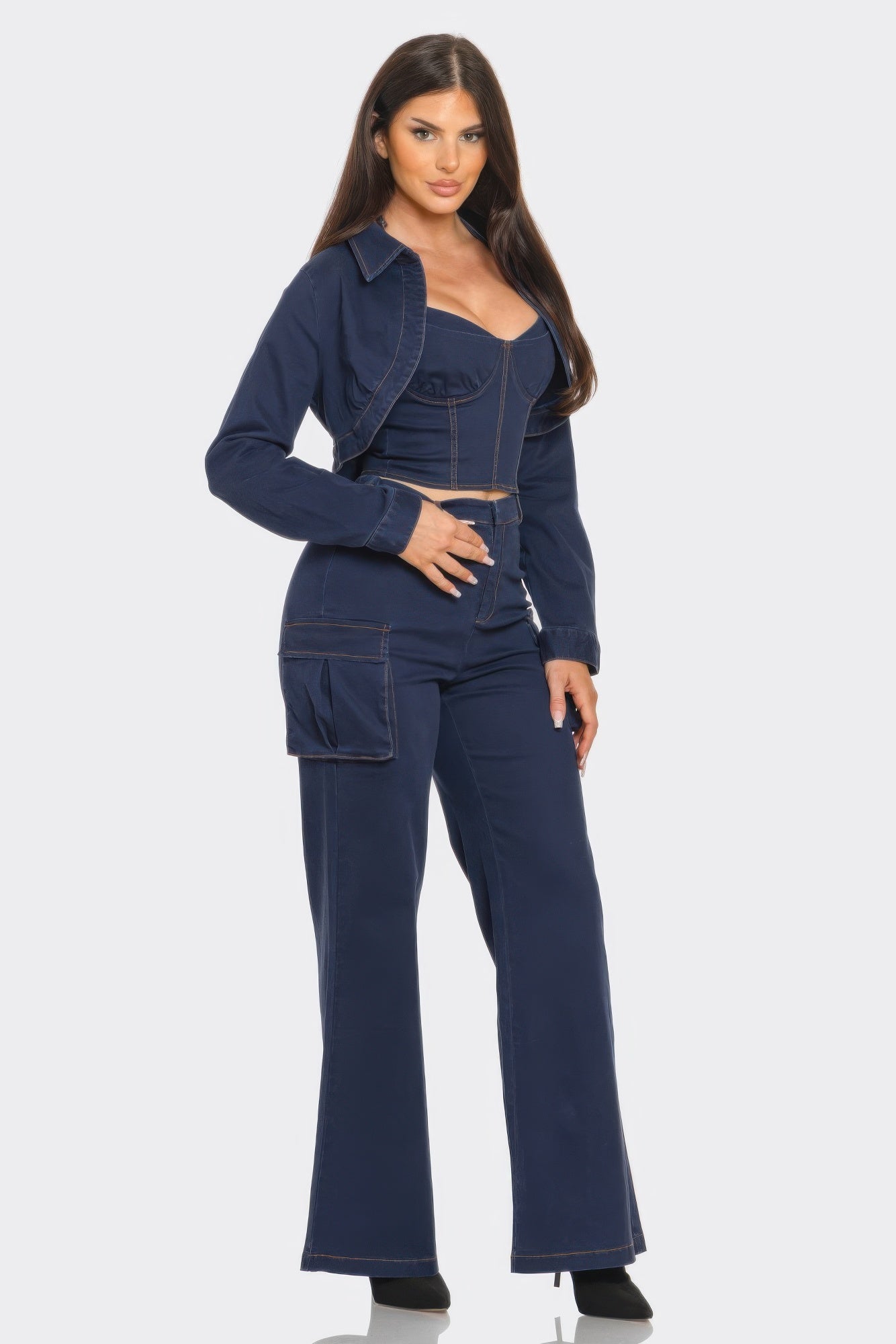 Navy crop jacket set with cropped jacket, cami top, and wide-leg pants