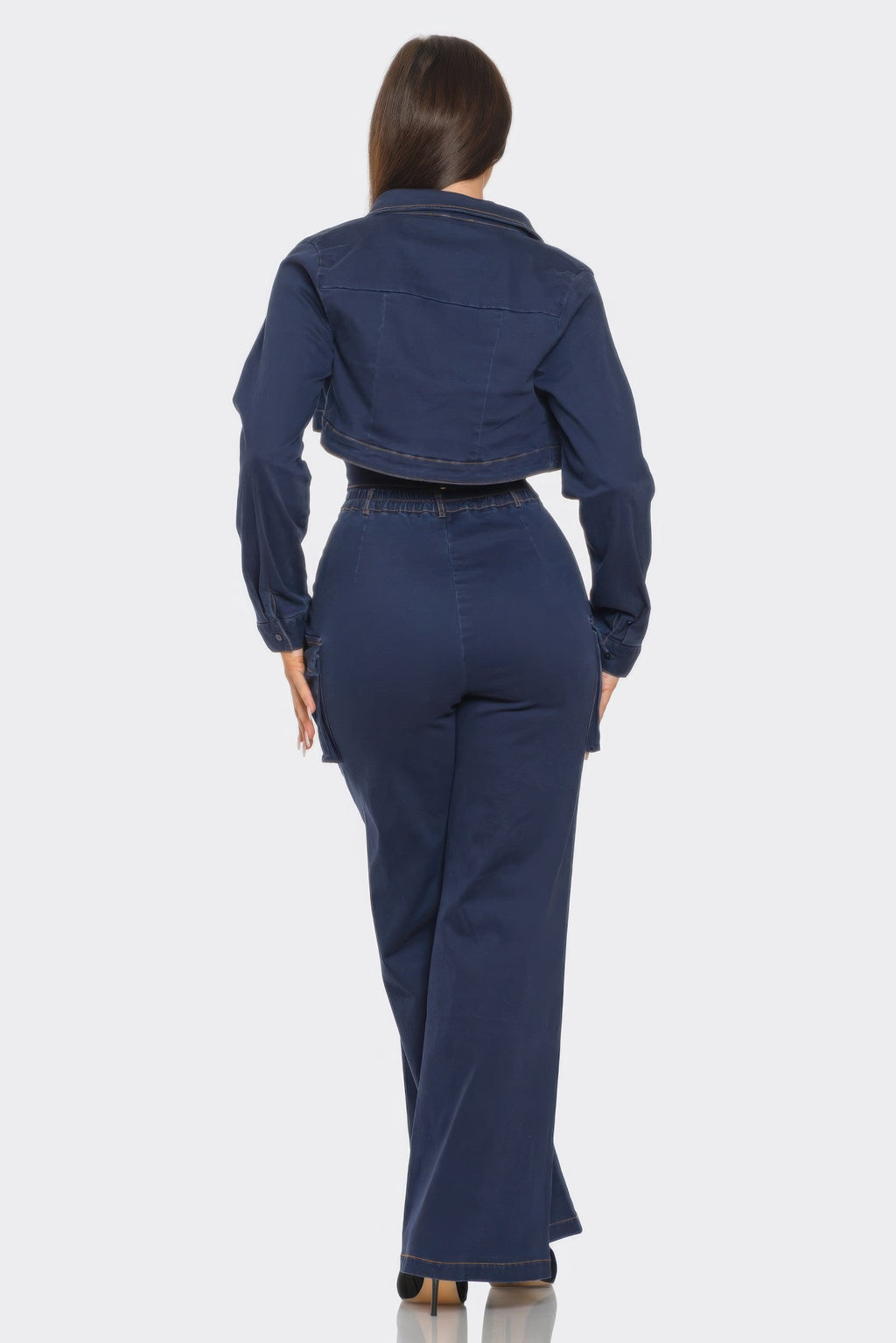 Navy crop jacket set, back view: cropped jacket and wide-leg pants