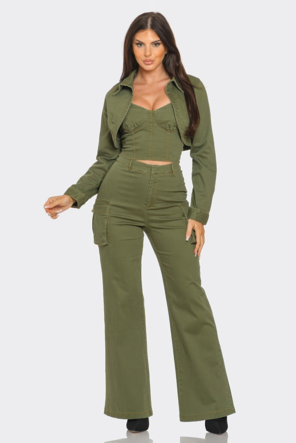 Olive crop jacket set with cami and wide-leg cargo pants