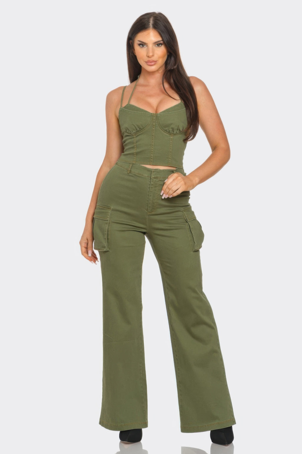 Olive crop jacket set: cami top with spaghetti straps and wide-leg pants