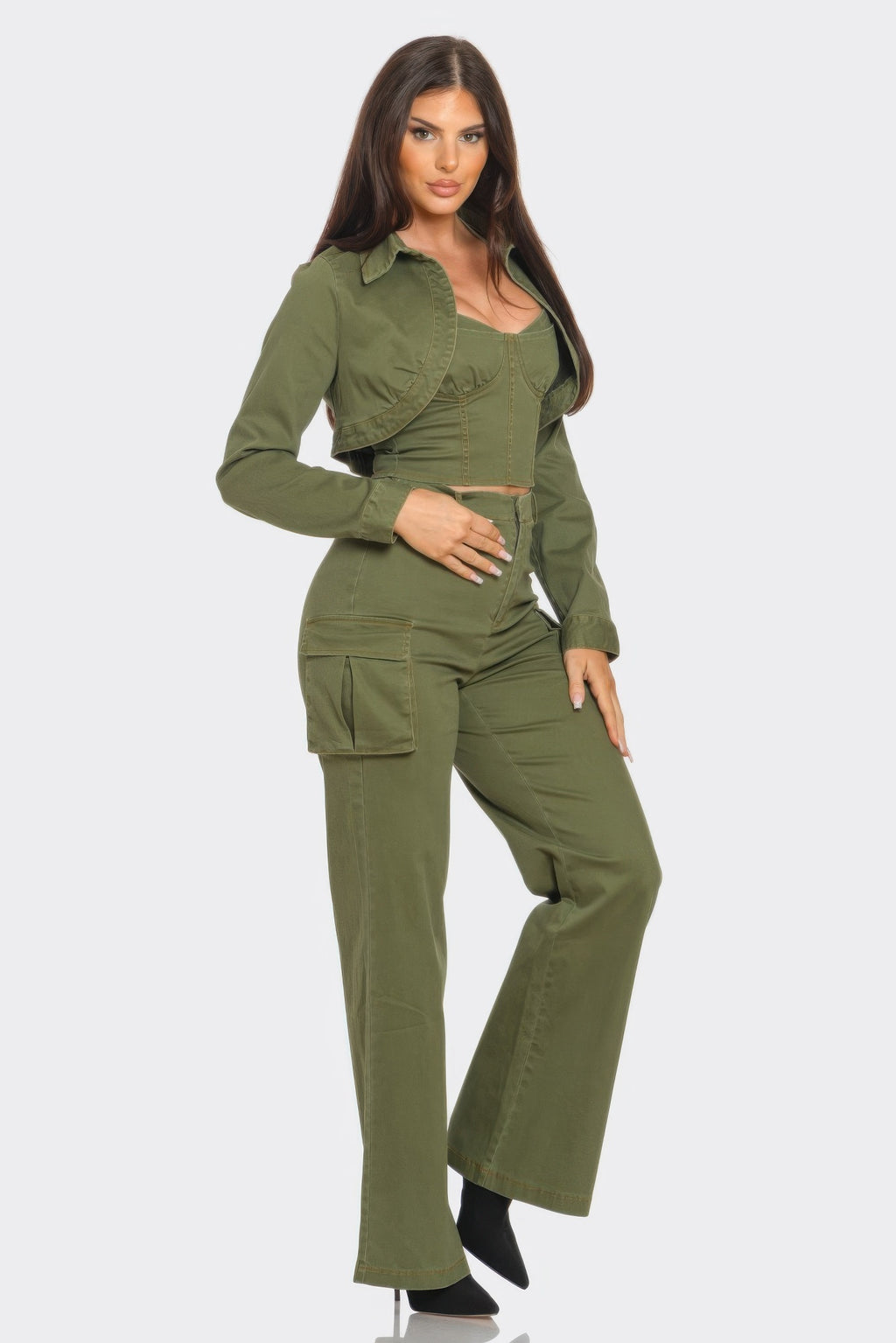 Olive crop jacket set with cropped jacket and cargo-style wide-leg pants