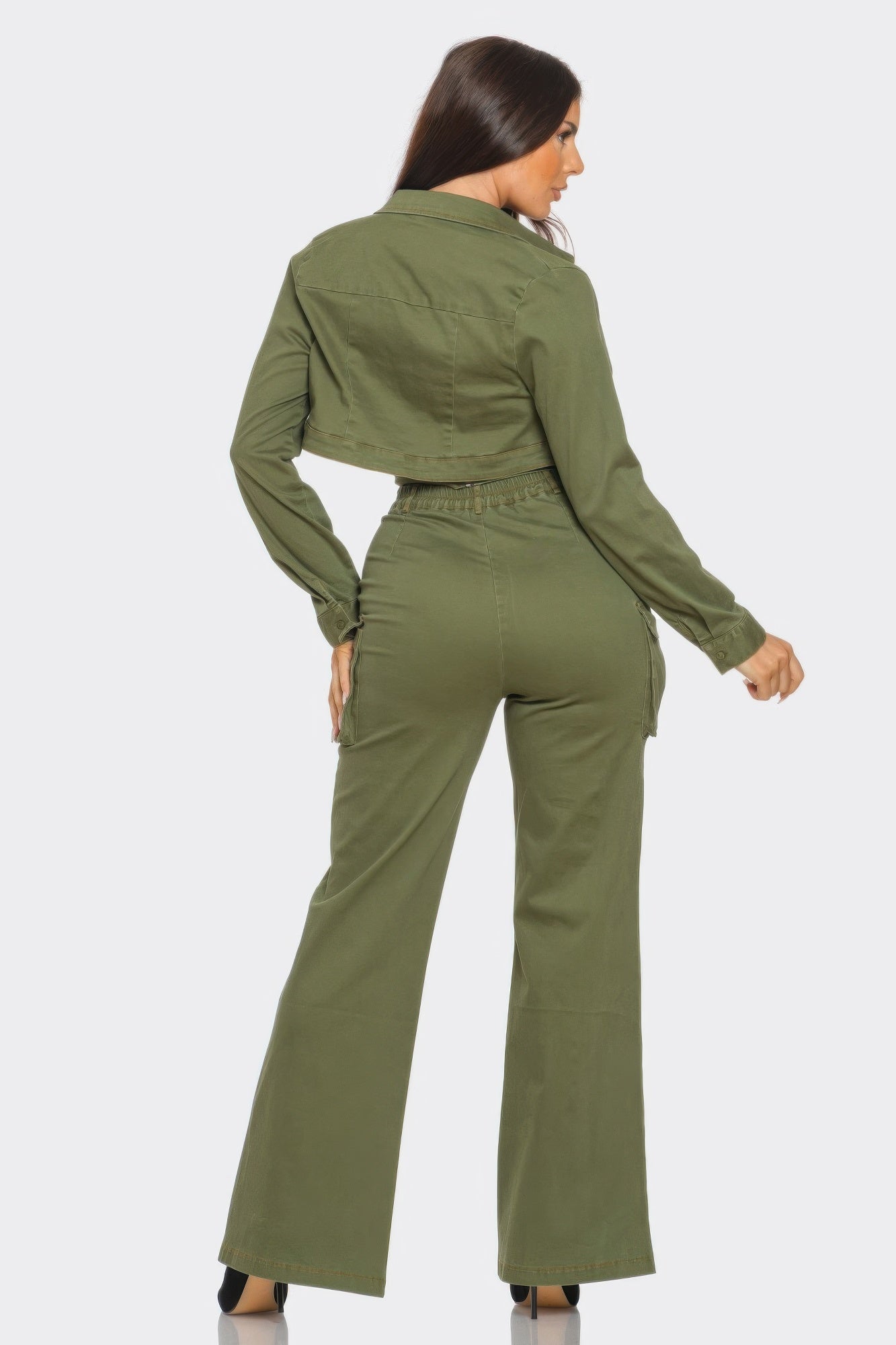 Olive crop jacket set, back view: cropped jacket and wide-leg pants