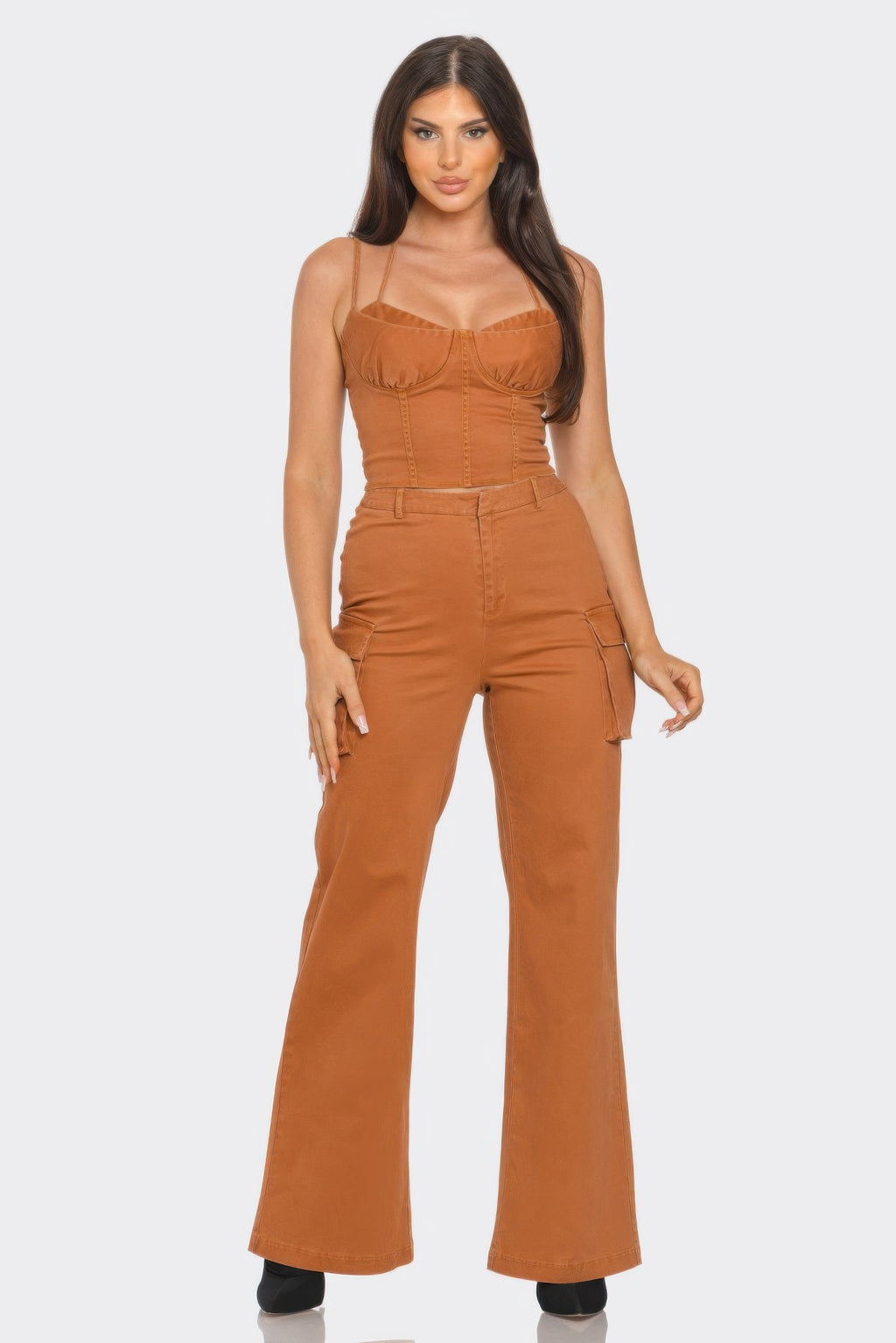 Crop Jacket 3-teiliges Set in Braun: Bustier-Top und weite Hose