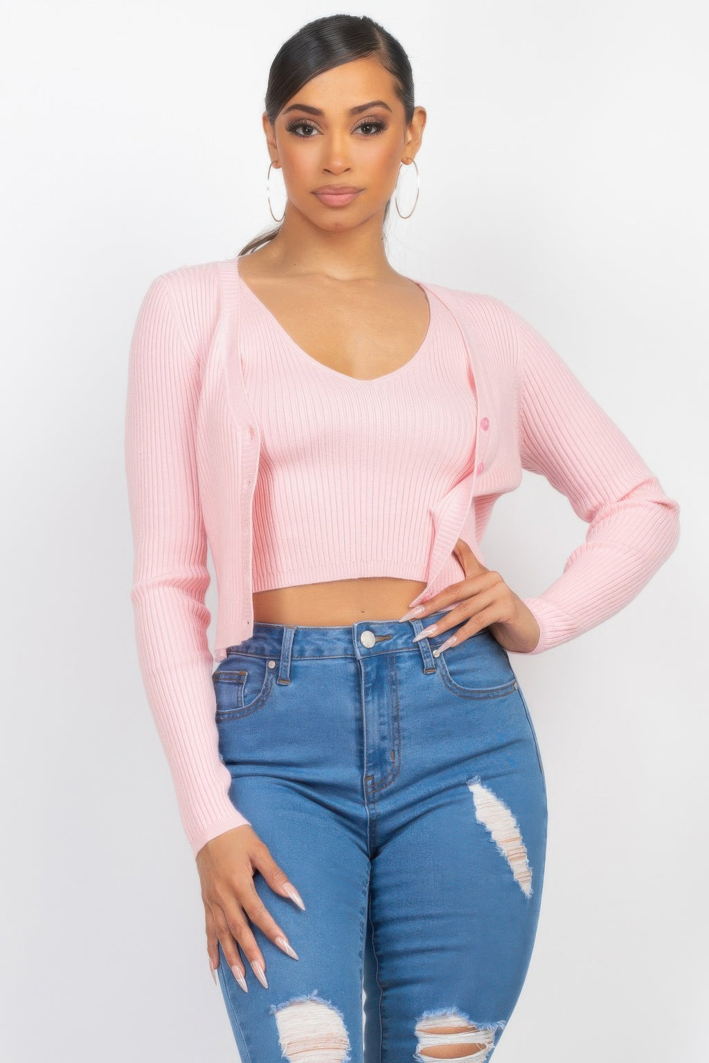 Blush ribbed crop tank and cardigan set, V-neck with button-front cardigan