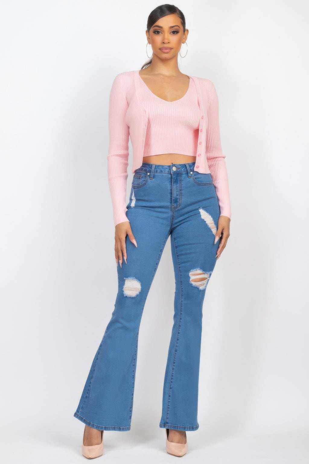 Blush crop tank with button-front cardigan, ribbed knit two-piece set