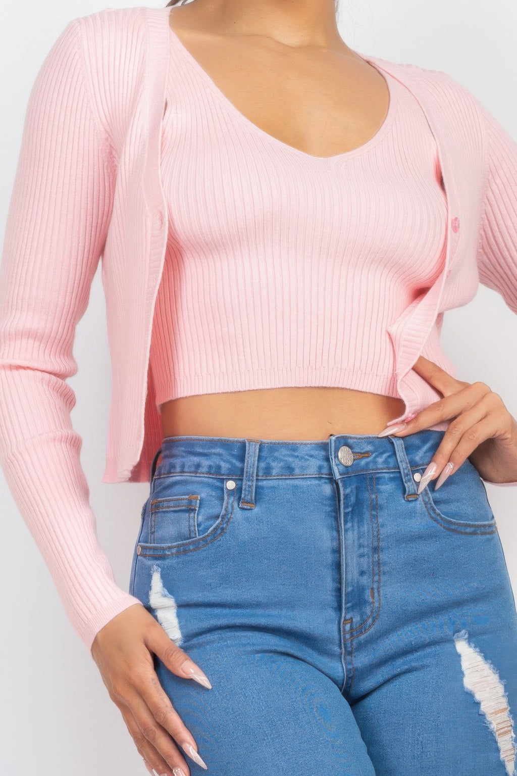 Blush ribbed crop tank with open button cardigan, long sleeves