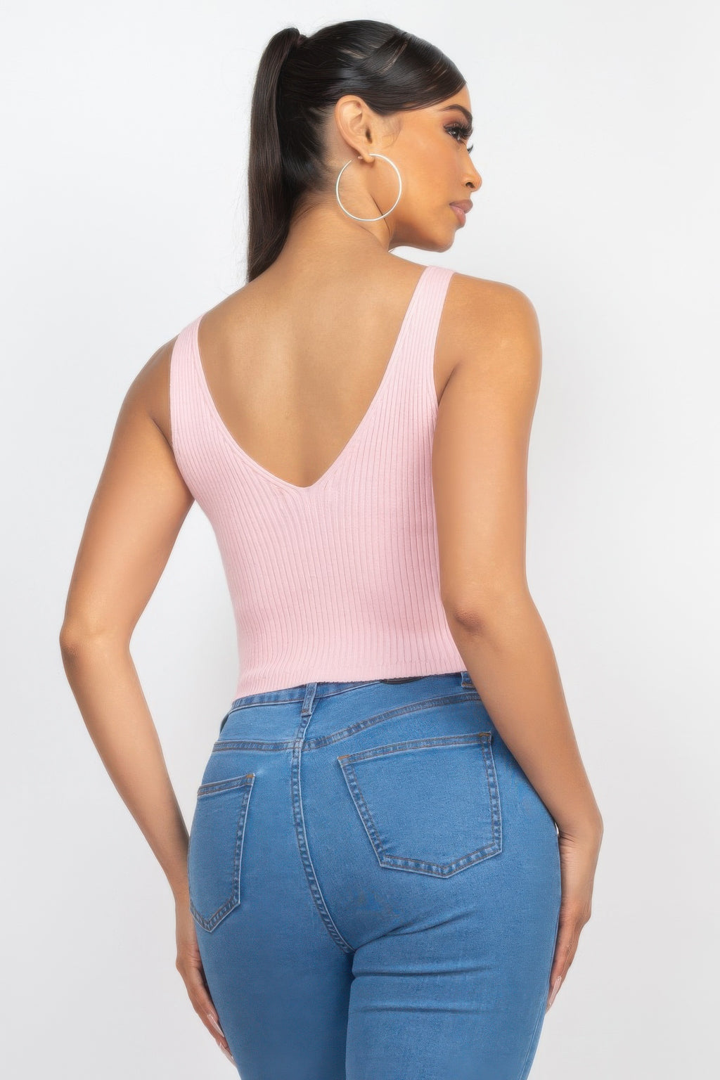 Blush ribbed crop tank with scoop back and button-front cardigan