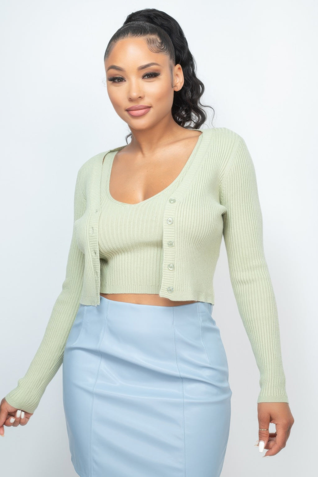 Sage ribbed crop tank and cardigan set, scoop neck and button-front