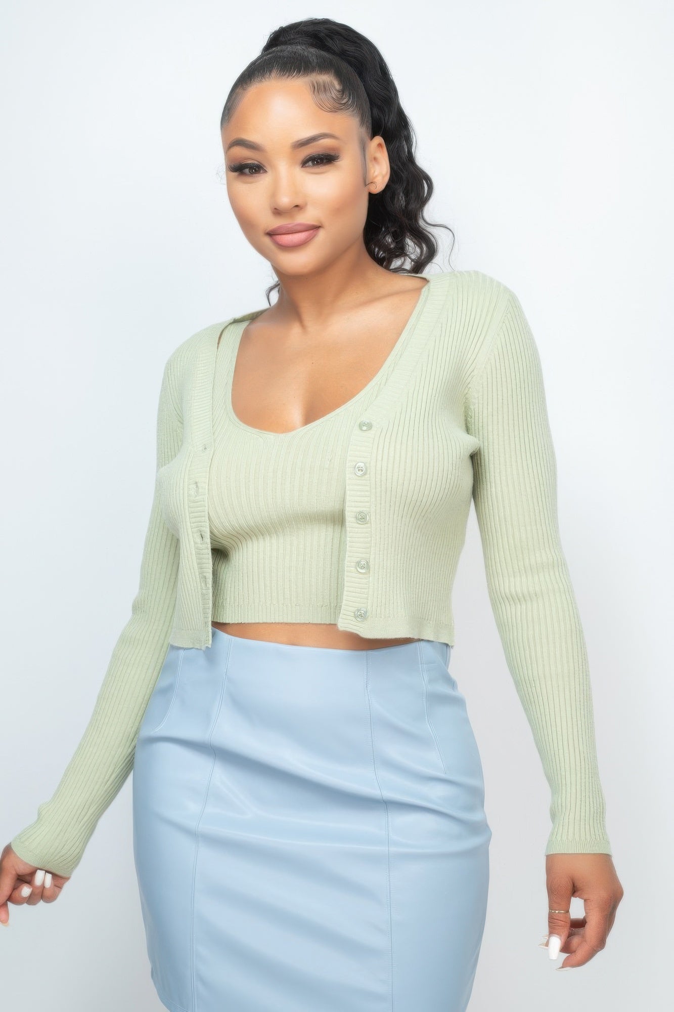 Sage ribbed crop tank and cardigan set, scoop neck and button-front