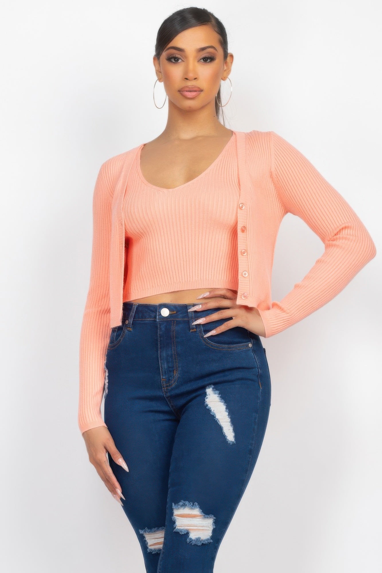 Peach ribbed crop tank and cardigan set with button-front cardigan