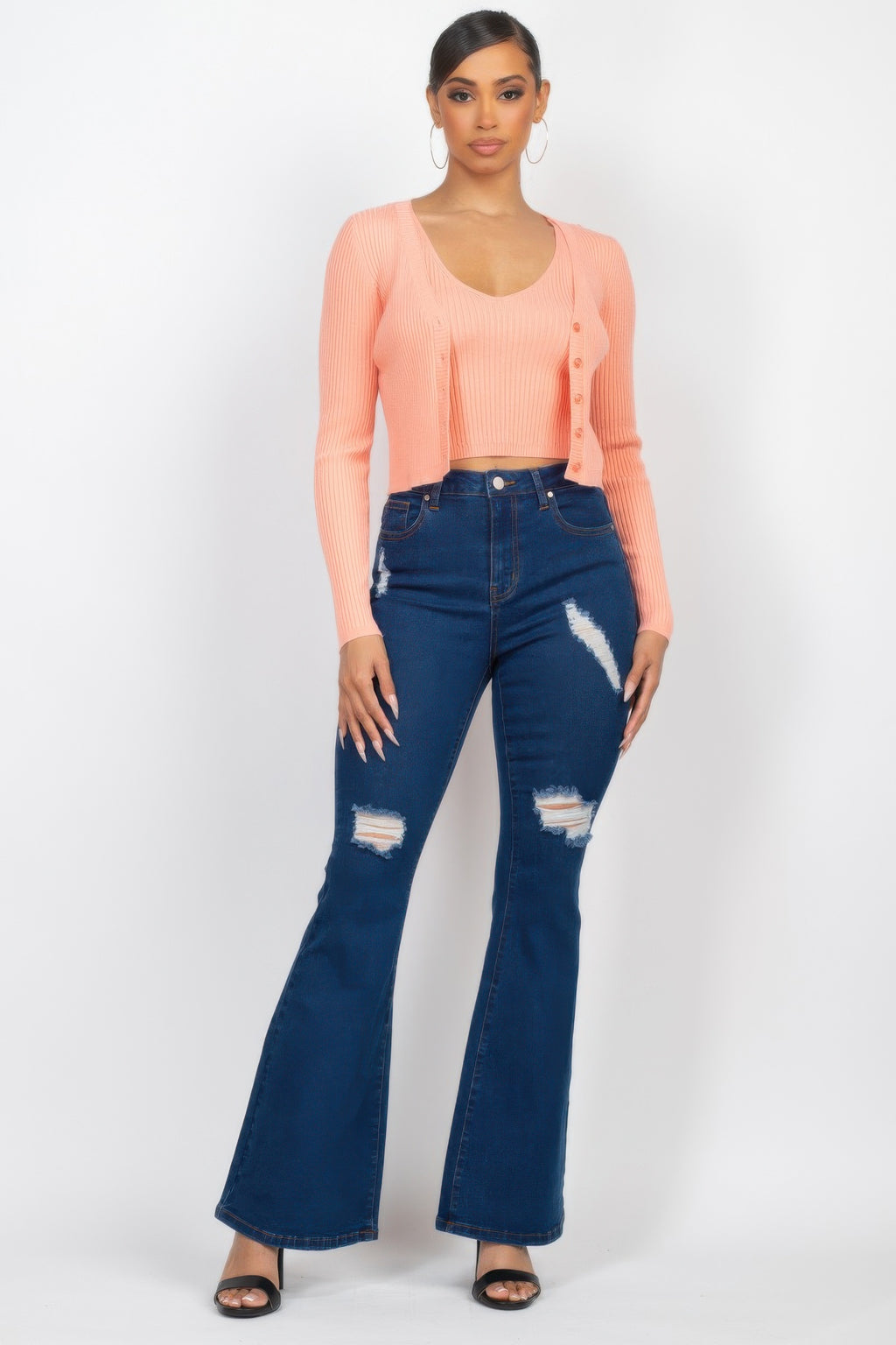 Peach crop tank with button-front cardigan, ribbed knit two-piece set