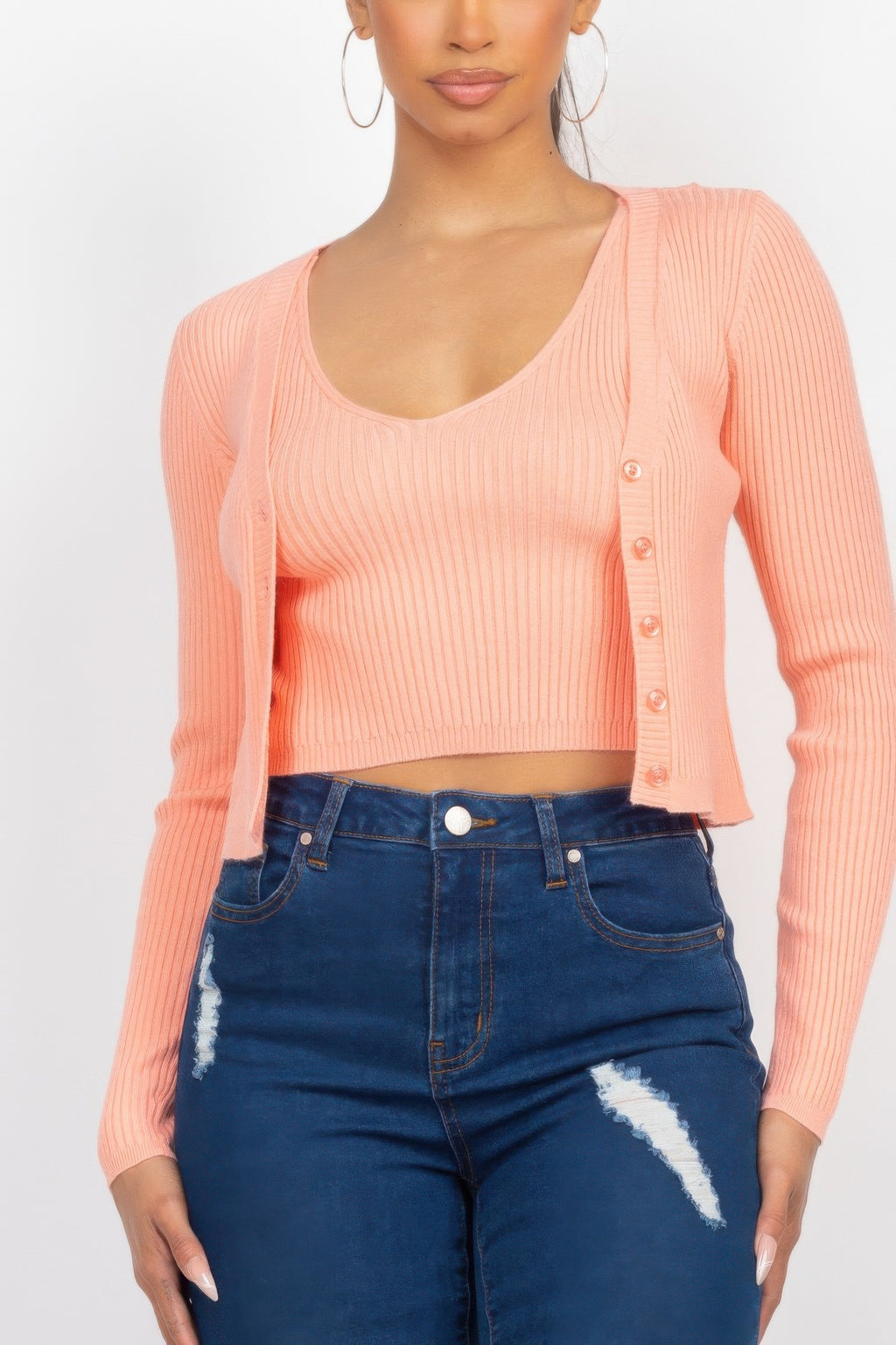 Blush ribbed crop tank with matching open cardigan, button front sleeves
