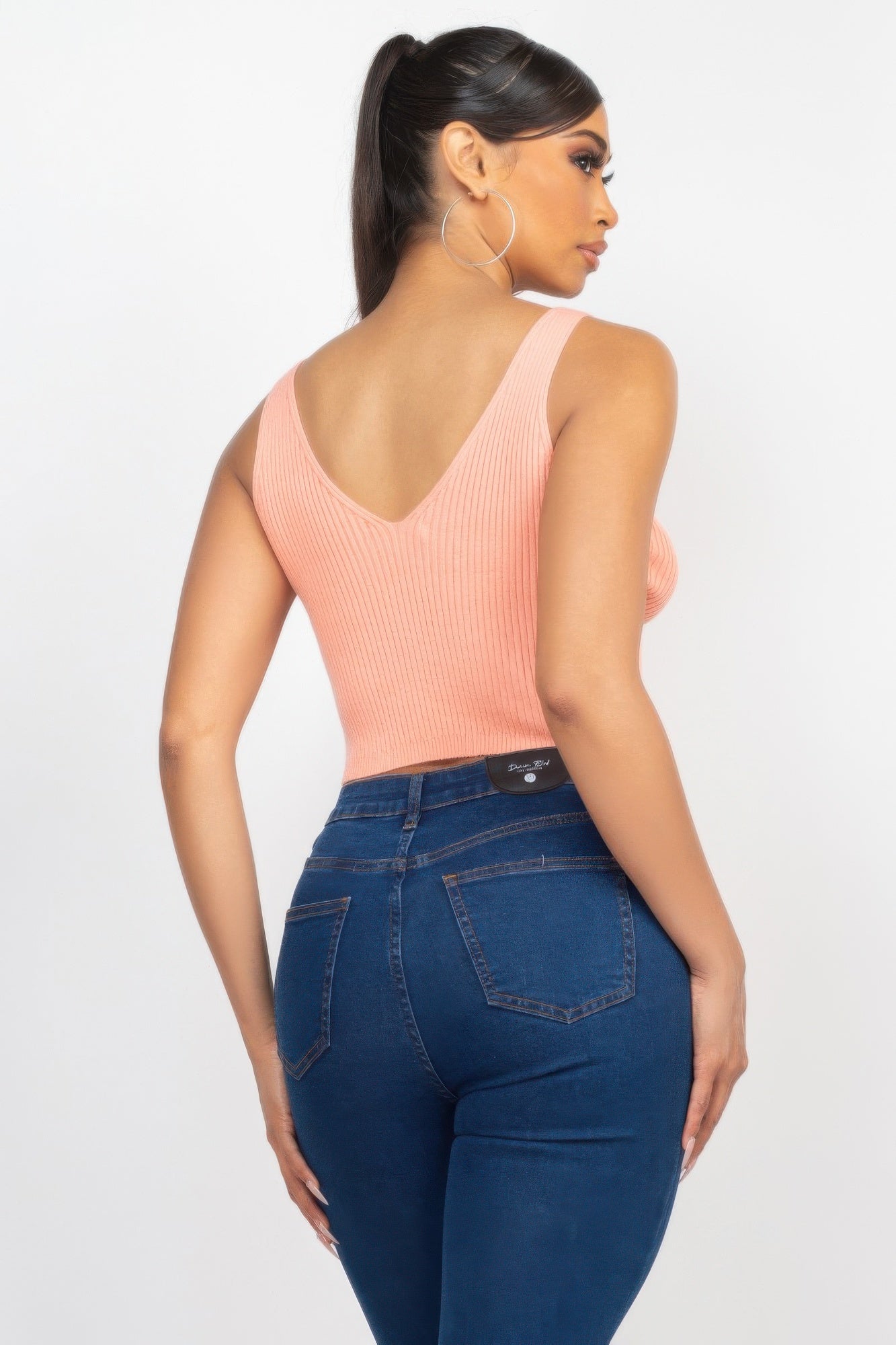 Blush ribbed crop tank with deep V-back, sleeveless knit top