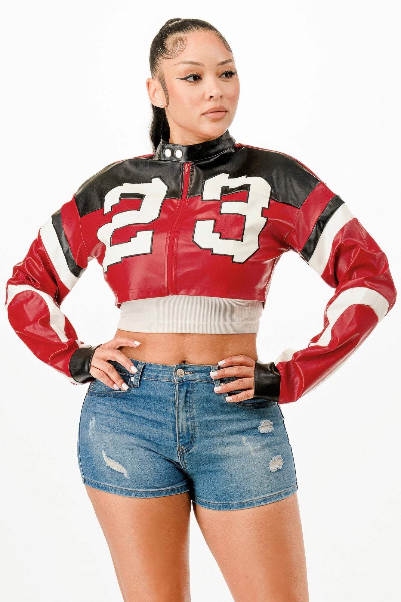 Cropped moto jacket, black collar with snaps, red body and white stripe sleeves, zip front