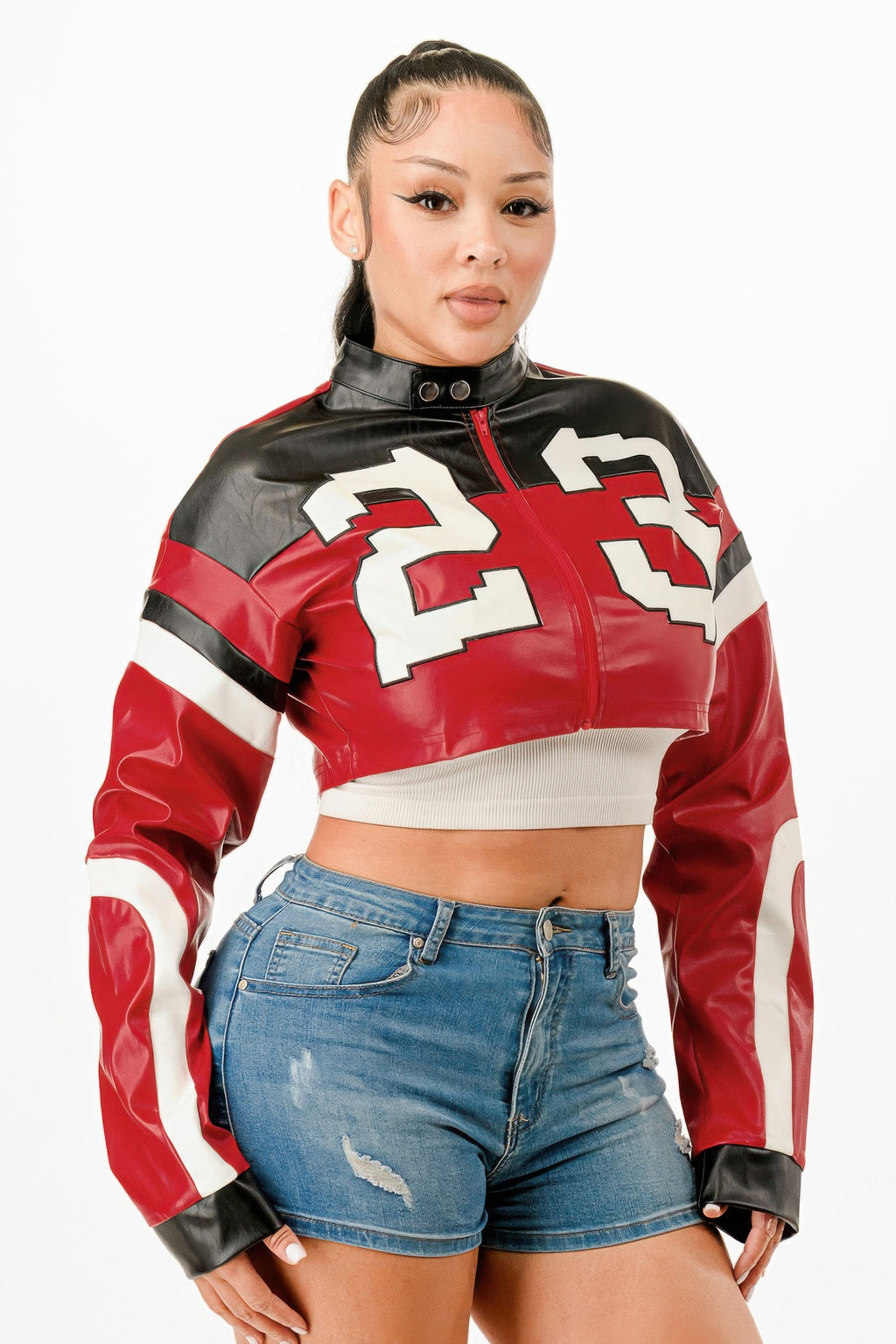 Cropped moto jacket with white number graphic and striped sleeves, snap collar, zip front