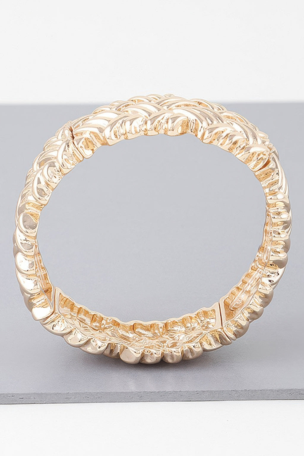 Cross Hatch Cuff Bracelet in gold, circular chain with raised interlocking links.