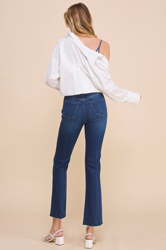 Crossover Step Hem Cropped Denim Jean Pants - Tigbul's Variety Fashion Shop