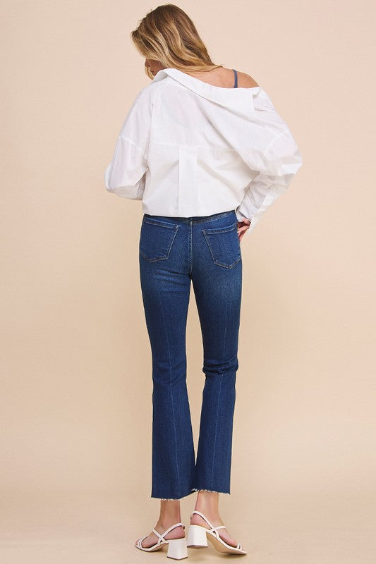 Crossover Step Hem Cropped Denim Jean Pants - Tigbul's Variety Fashion Shop