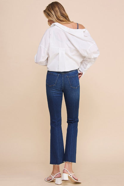Crossover Step Hem Cropped Denim Jean Pants - Tigbul's Variety Fashion Shop