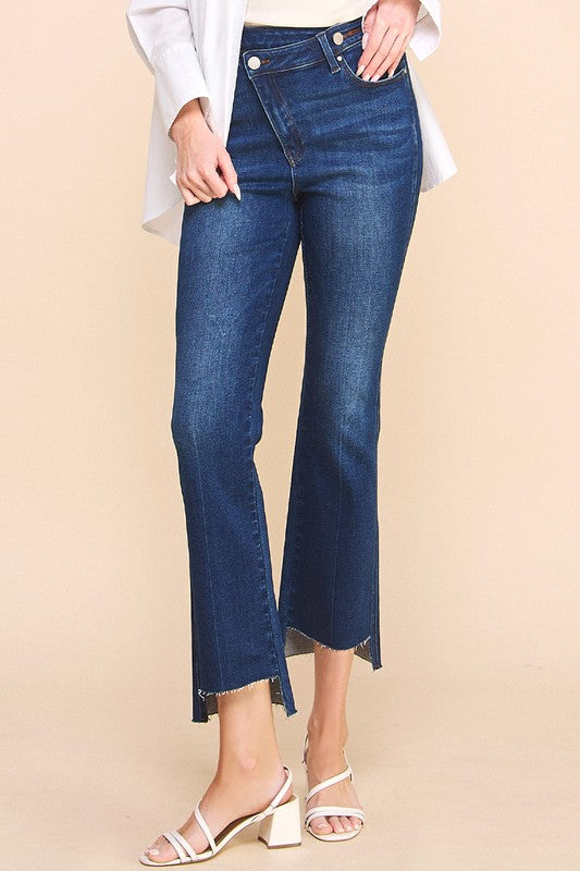 Crossover Step Hem Cropped Denim Jean Pants - Tigbul's Variety Fashion Shop