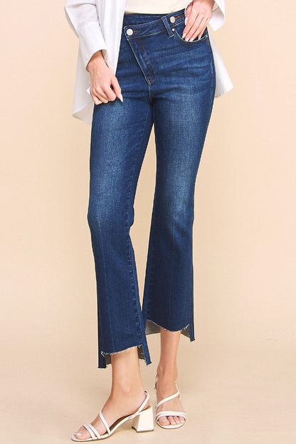 Crossover Step Hem Cropped Denim Jean Pants - Tigbul's Variety Fashion Shop