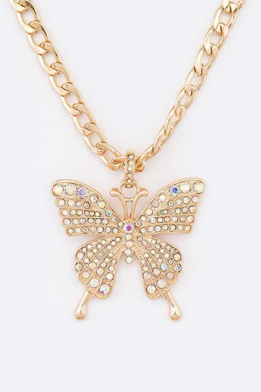 Crystal butterfly statement necklace set with gold chain and faceted wings pendant