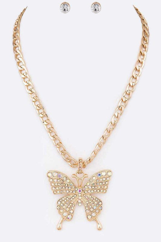 Gold crystal butterfly necklace set with heart clasp and dangling wing charms