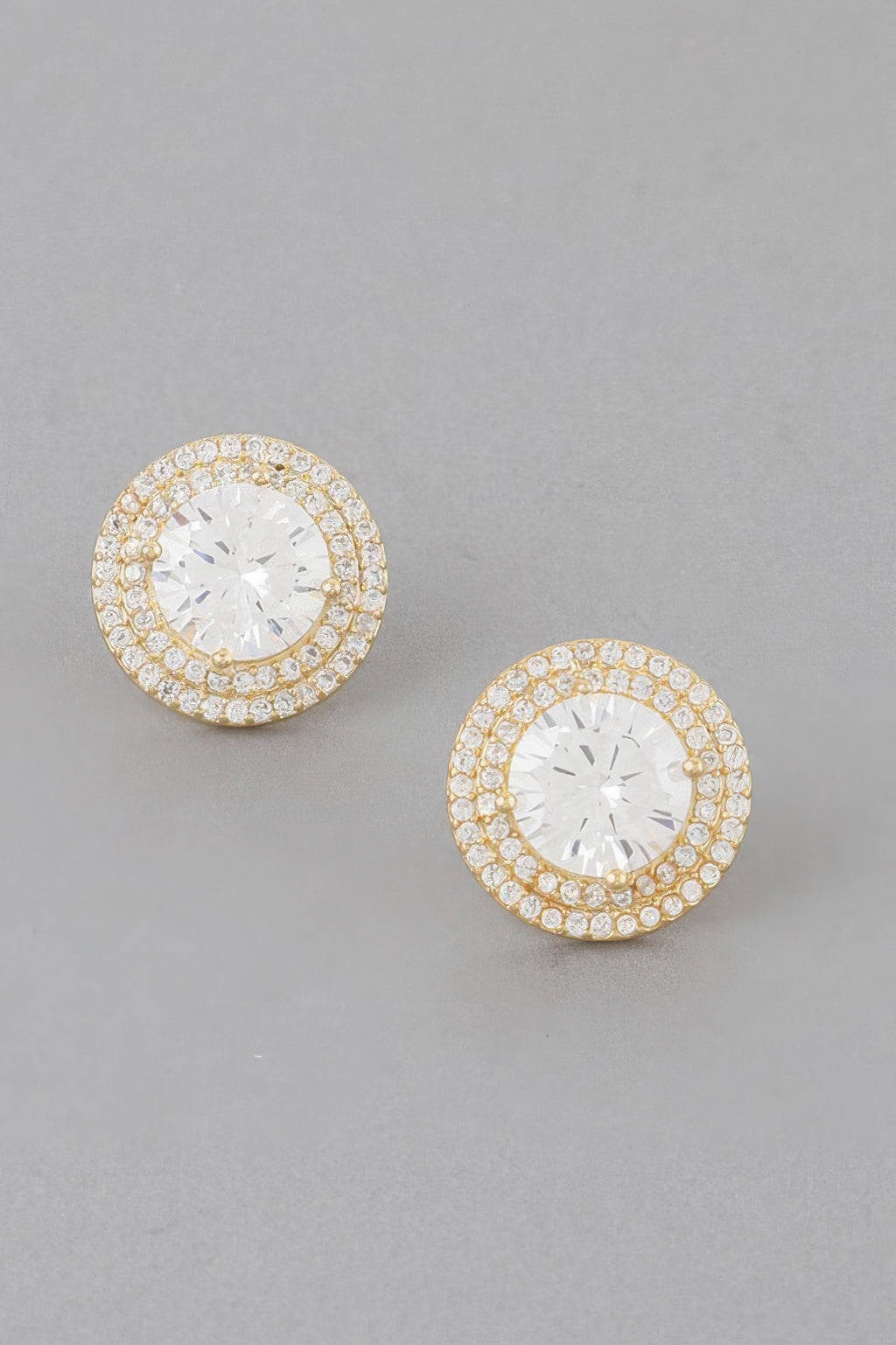 Round gold-clear crystal rhinestone stud earrings with central clear stone halo