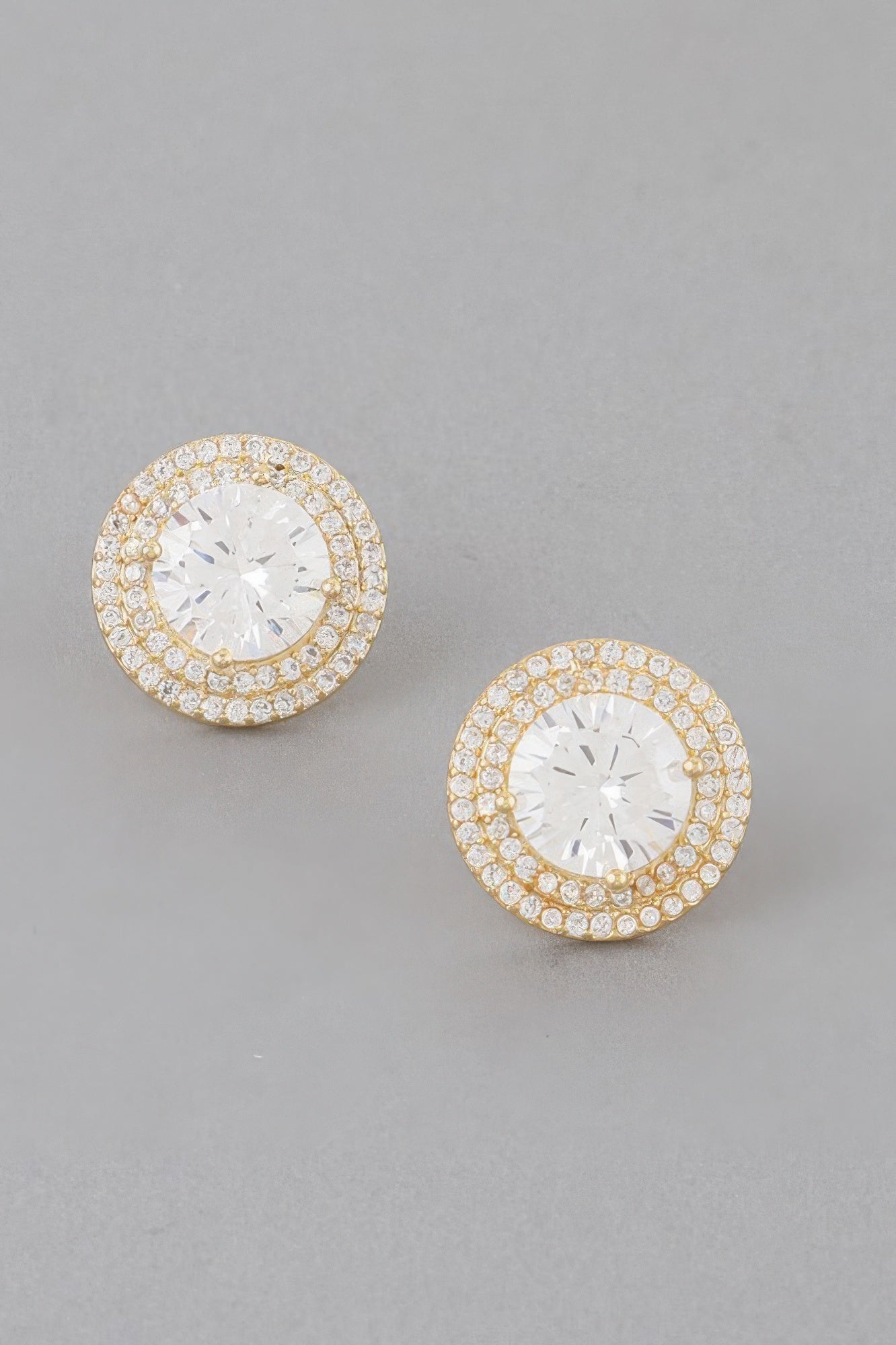 Round gold-clear crystal rhinestone stud earrings with central clear stone halo