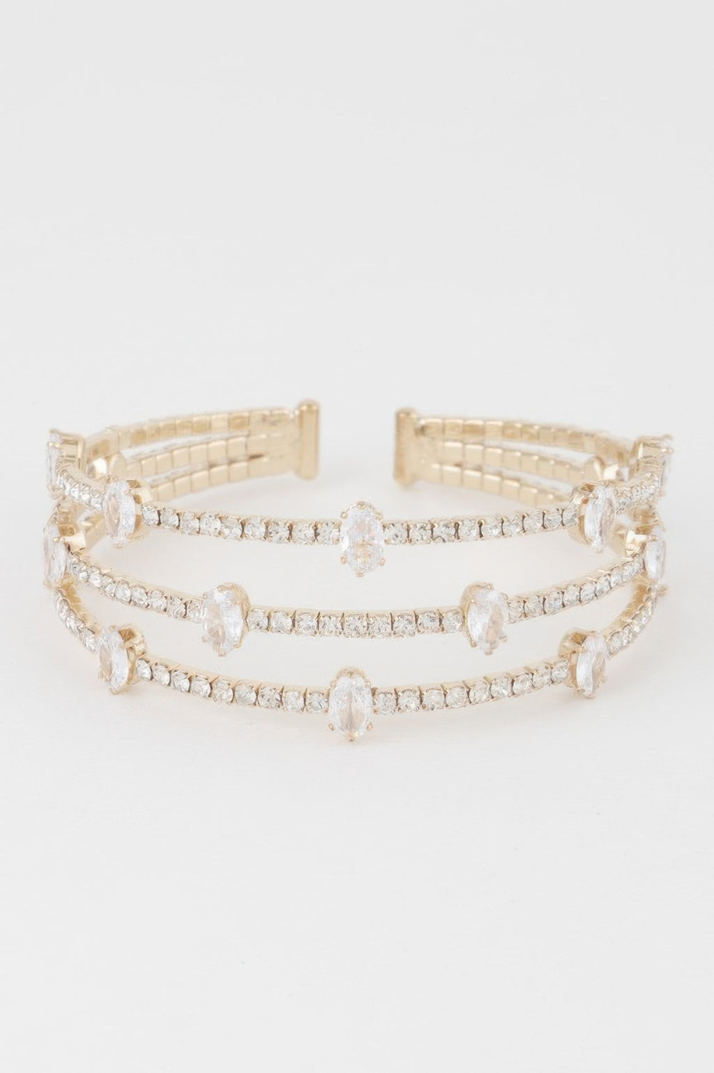 Gold clear cubic rhinestone bracelet set, three-row link design with clasp
