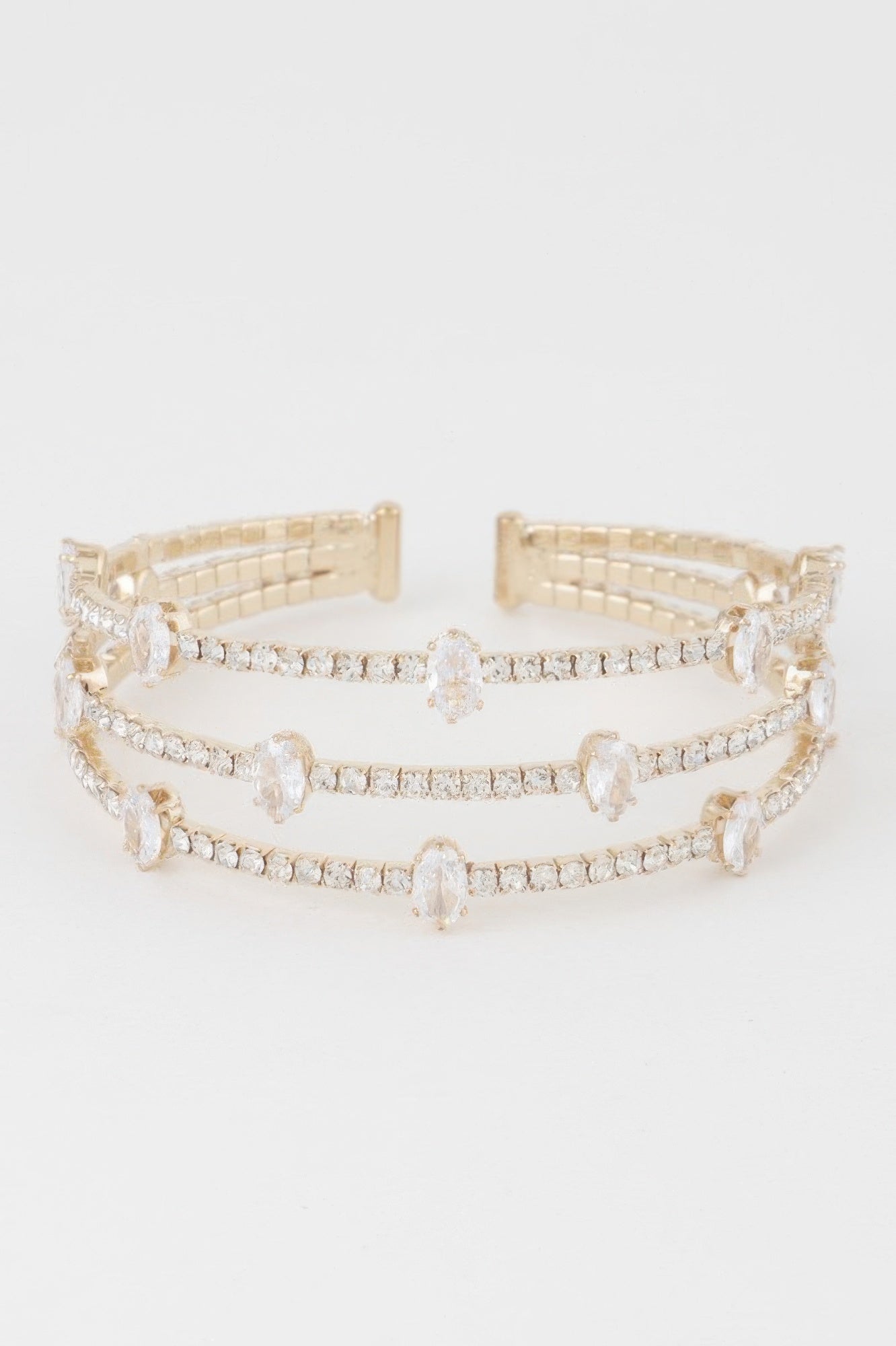Gold clear cubic rhinestone bracelet set, three-row link design with clasp
