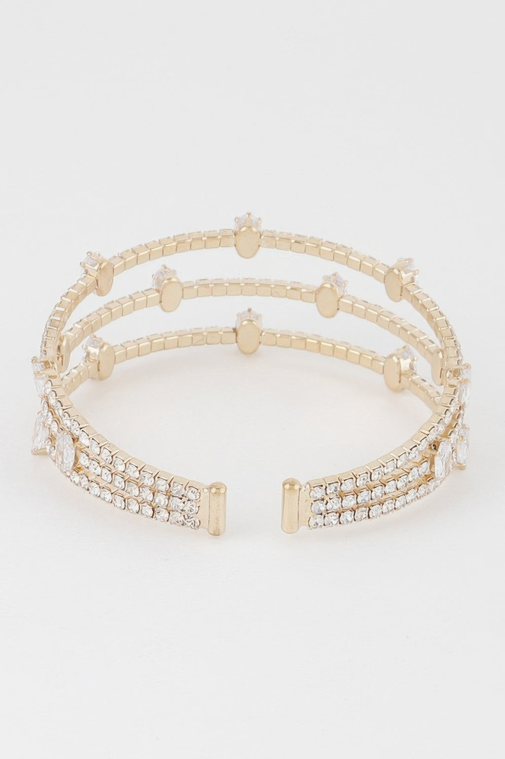 Gold clear cubic rhinestone bangle bracelet, stacked three-row crystal links