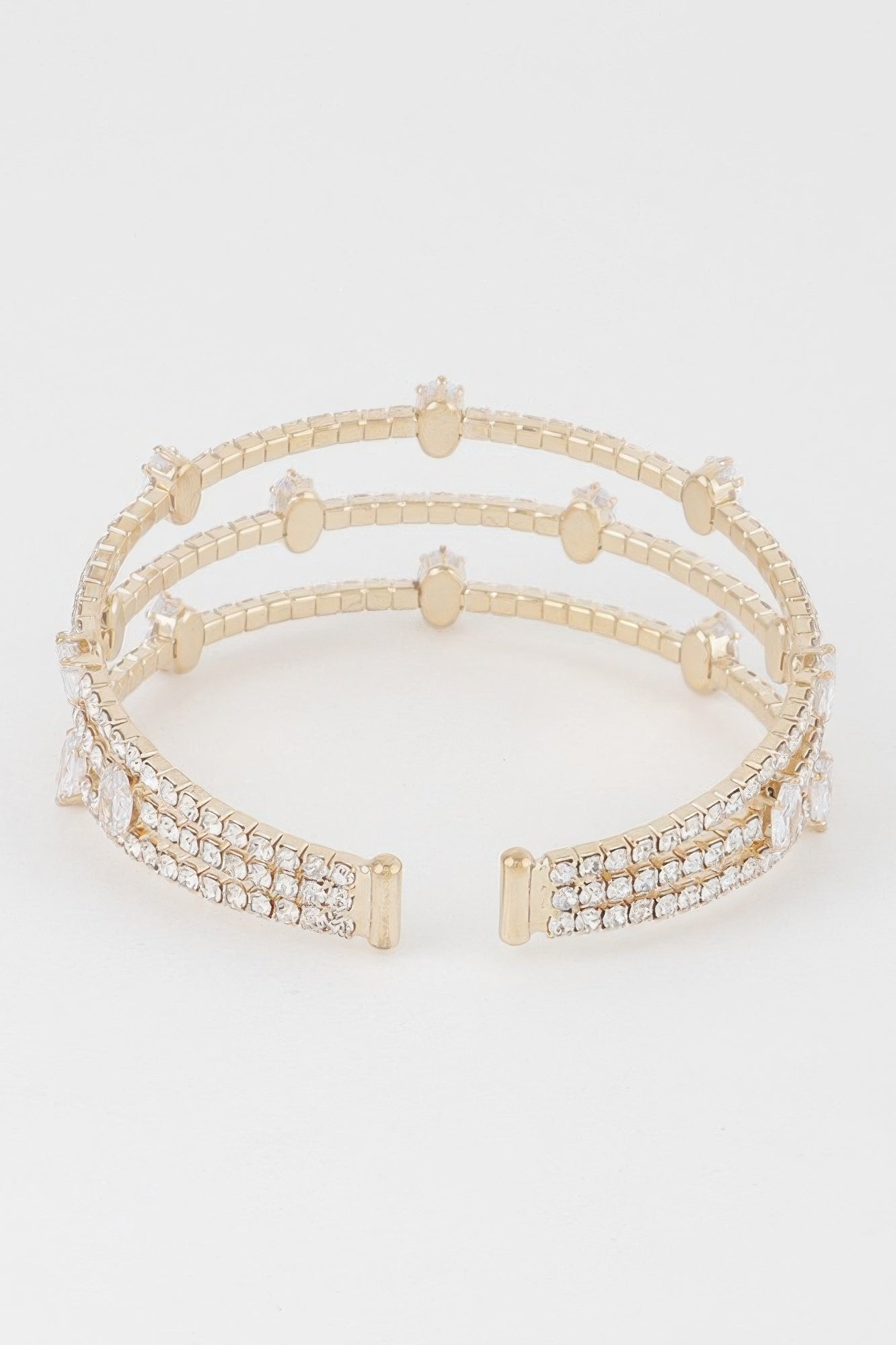 Gold clear cubic rhinestone bangle bracelet, stacked three-row crystal links