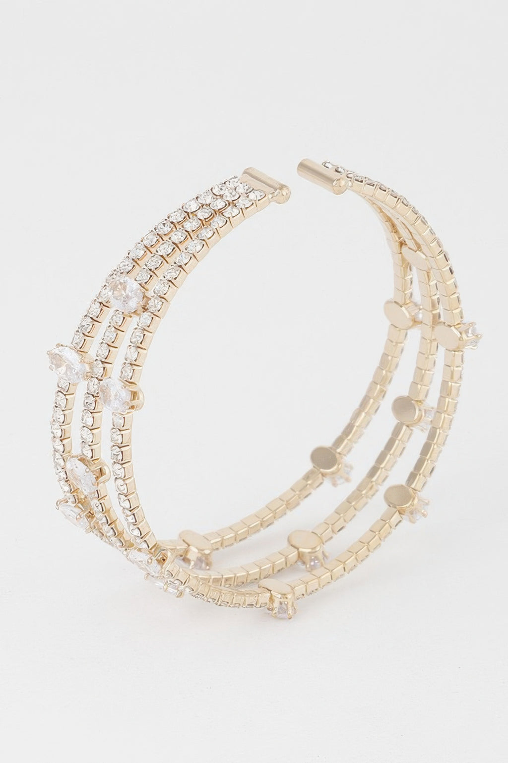 Gold clear cubic rhinestone bracelet with multiple rows and round link accents