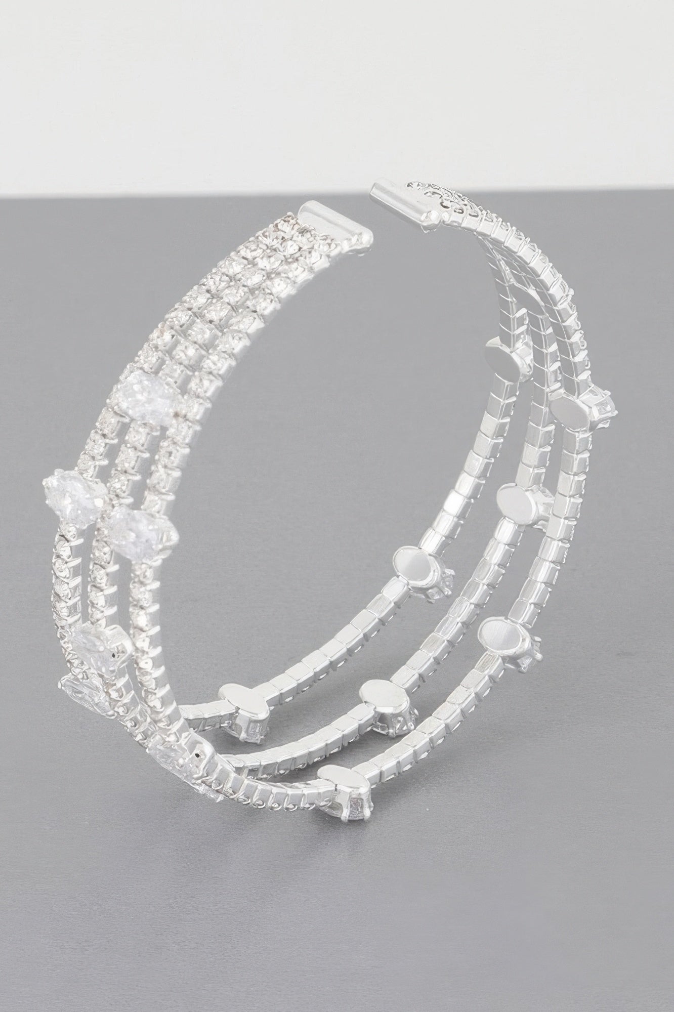 Silver clear cubic rhinestone bracelet, stacked rows with round bead links