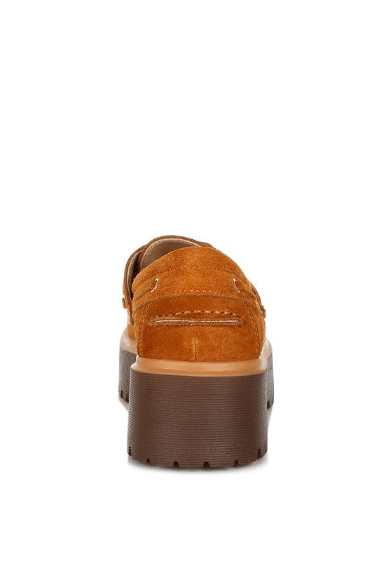 Tan suede oxford loafer heel view with stitched detailing and chunky rubber sole